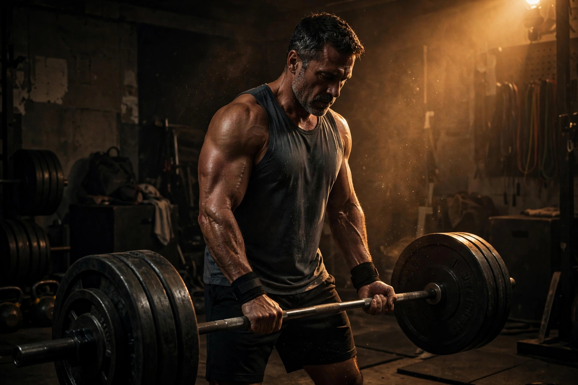 Muscular middle-aged lifter in a dark garage gym gripping a loaded barbell, chalk dust in the air, dramatic warm lighting, strength training