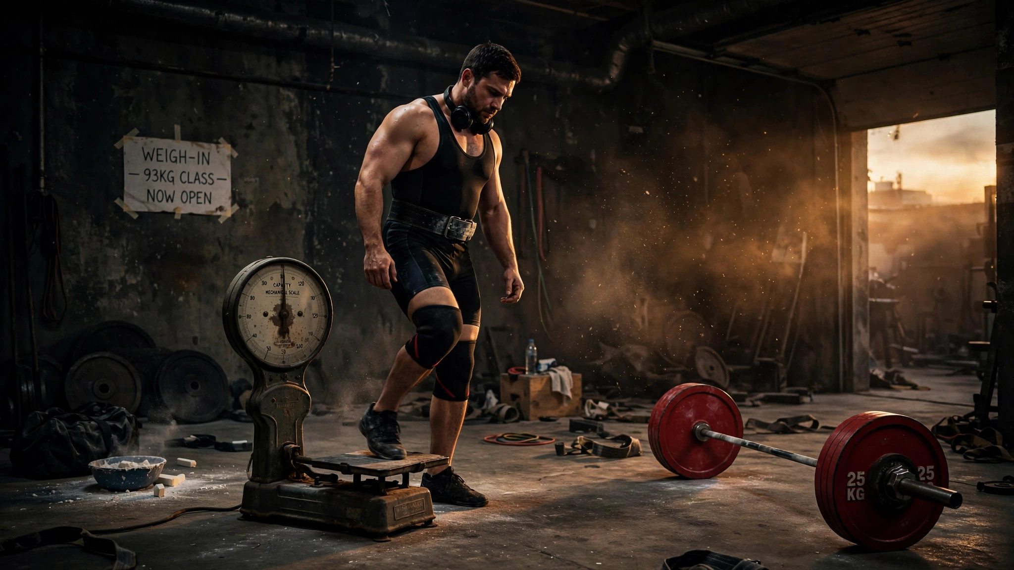 Powerlifter in a singlet and lifting belt stepping onto a vintage mechanical scale at a meet weigh-in in a dark garage gym, a loaded barbell with red 25kg plates on the floor nearby, chalk dust in the air