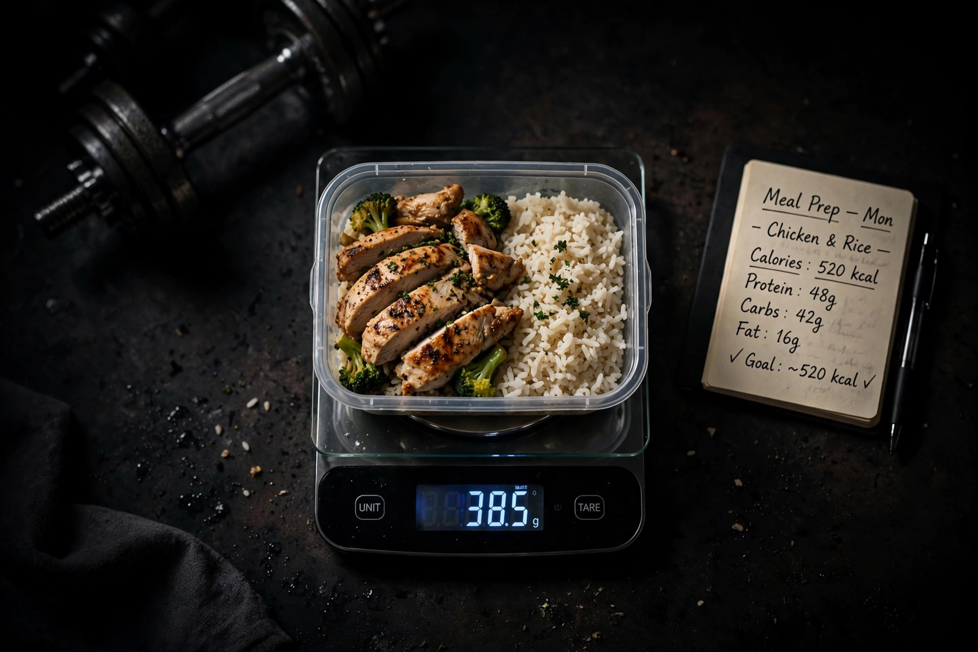 Meal-prep container of chicken and rice weighed on a food scale with a macro-tracking notebook beside it